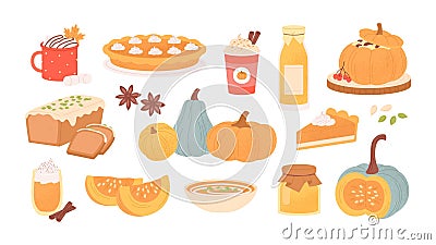 Pumpkin season. Seasonal spiced food and drinks. Autumn style coffee latte and pies, bread and soup. Flavored meals and Vector Illustration