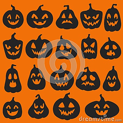 Pumpkin silhouettes. Halloween pumpkins emoticon characters. Happy, sad and angry funny sinister spooky faces vector Vector Illustration