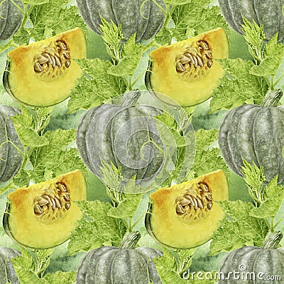 Pumpkin slice whole and pumpkin leaf watercolor seamless pattern. Background texture. Cartoon Illustration