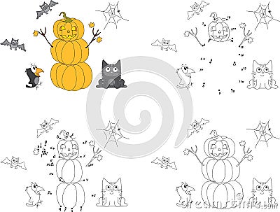 Pumpkin Snowman on Halloween, surprised crow and maple leaves. C Vector Illustration