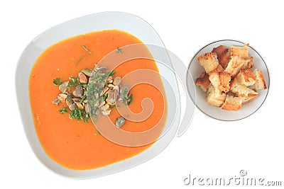 Pumpkin soup with croutons Stock Photo