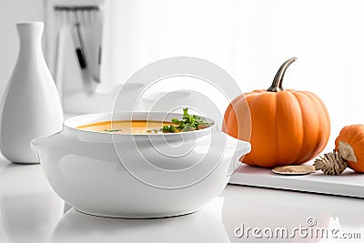 Pumpkin soup kitchen. Generate Ai Stock Photo