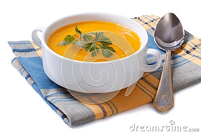 Pumpkin soup on a napkin isolated Stock Photo