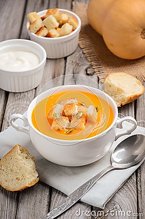 Pumpkin soup with pumpkin seeds and croutons Stock Photo