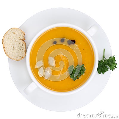 Pumpkin soup with pumpkins in bowl from above isolated Stock Photo