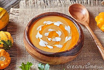 Pumpkin soup traditional spicy vegetarian autumn vegetable healthy organic diet creamy homemade food Stock Photo