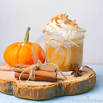 Pumpkin Spice Latte, Coffee, Milkshake or Smoothie with Whipped Cream and Cinnamon Stock Photo