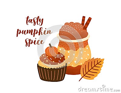 Pumpkin spice latte and cupcake flat vector illustration. Fall season dessert and drink composition with lettering Vector Illustration