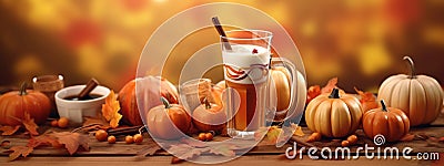 Pumpkin spice latte glass, autumn, pumpkins banner Stock Photo