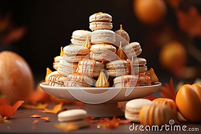 Pumpkin spice latte macarons arranged on a Stock Photo