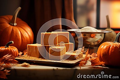 Pumpkin spice lattescented soap bars arranged in Stock Photo
