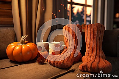 Pumpkin spice lattethemed cozy socks for a Stock Photo