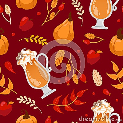 Pumpkin spice lover. international coffee day. Glass with latte foam, pumpkins, autumn leaves and apples. Seamless Vector Illustration