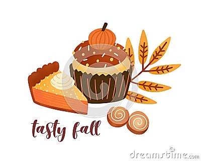 Pumpkin spice pastry flat vector illustration. Delicious fall season desserts and leaf composition with lettering. Tasty Vector Illustration