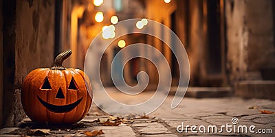 The pumpkin on the street of the ancient town is a symbol of Halloween, filling the air with a mysterious and enchanting Stock Photo