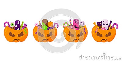 pumpkin sweets halloween set basket elements vecto Vector Illustration