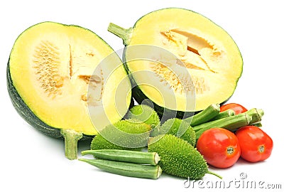 Pumpkin, tomato, okras, and kakrol Stock Photo