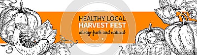 Pumpkin vector banner. Hand drawn vintage Harvest festival frame. Farm Market sketch Vector Illustration