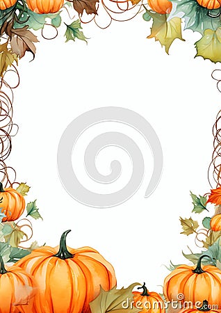 Pumpkin vines and leaves watercolor border frame Stock Photo