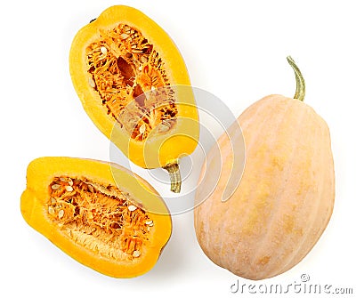Pumpkin whole and half on white background, isolated. The view from top Stock Photo