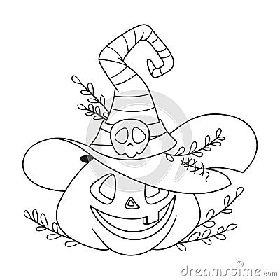 Pumpkin with witch hat for Halloween coloring page, outline cartoon vector illustration Vector Illustration