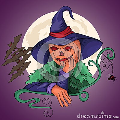 Pumpkin witch thinks Vector Illustration