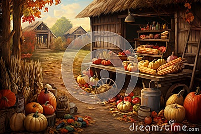 Pumpkins, corn, herbs, squashes at rustic wooden barn in village. Harvest in countryside concept.Thanksgiving. Flat stylish Cartoon Illustration