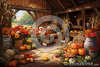 Pumpkins, corn, herbs, squashes in rustic wooden barn in village. Harvest in countryside concept.Thanksgiving. Flat stylish Cartoon Illustration