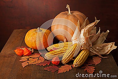 Pumpkins, corns and physalis Stock Photo