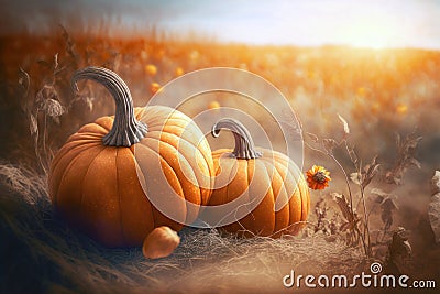 Pumpkins field. Ripe pumpkins harvest time, blue sky background. Generative AI Stock Photo