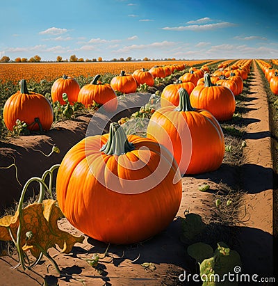 Pumpkins field. Ripe pumpkins harvest time, blue sky background. Generative AI Stock Photo