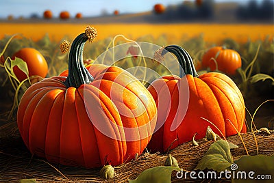 Pumpkins field. Ripe pumpkins harvest time, blue sky background. Generative AI Stock Photo