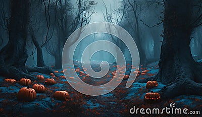 Pumpkins In Graveyard In The Spooky Night - Halloween Backdrop. AI Generated Stock Photo