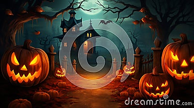 Pumpkins in graveyard in the spooky night Stock Photo