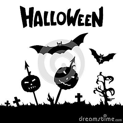 Pumpkins impaled on spears Halloween silhouettes. Vector Illustration