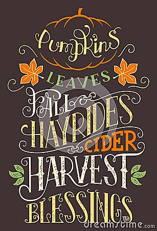Pumpkins leaves fall hay rides typography sign Vector Illustration