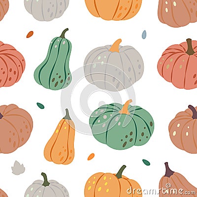 Pumpkins pattern. Autumn pumpkins seamless banner. Autumn halloween vegetables background. Vector illustration. Vector Illustration