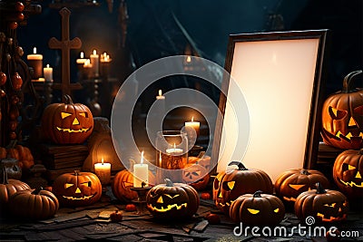 Pumpkins sit alongside candles, setting the stage for a spooky night Stock Photo