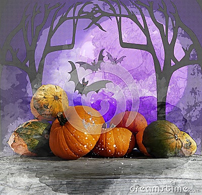 Pumpkins and squashes on rustic wooden boards with halloween background Stock Photo