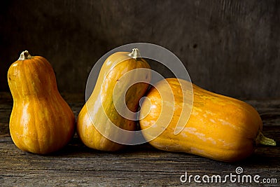 Pumpkins on the wooden background. Three baby pumpkins Stock Photo