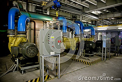 Pumps of air pumping station of wastewater treatment plant Stock Photo