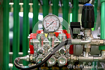 Pumps and pipe line for supplying water vapor and gas with pressure gauges . Stock Photo