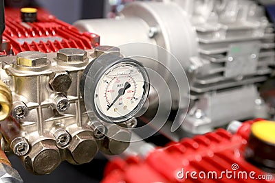 Pumps and pipe line for supplying water vapor and gas with pressure gauges . Stock Photo