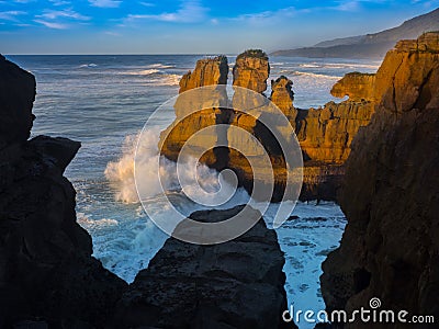 Punakaiki coastline at sunset, NZ Stock Photo