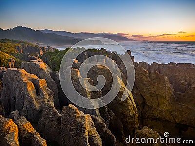 Punakaiki coastline at sunset, NZ Stock Photo