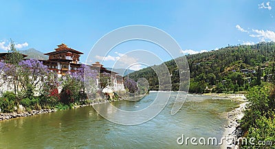 Punakha Dzong or Pungthang Dewa chhenbi Phodrang and Mo Chu river Stock Photo