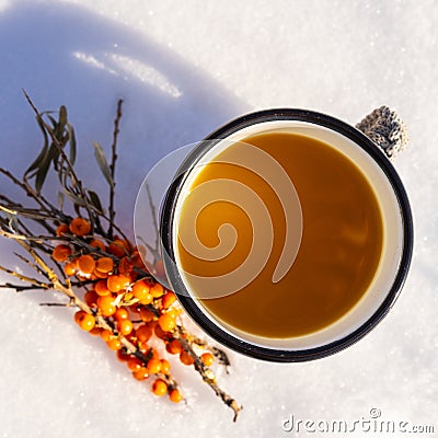 Punch with sea buckthorn berries in an iron white mug in the snow. Sea buckthorn twigs with tea Stock Photo