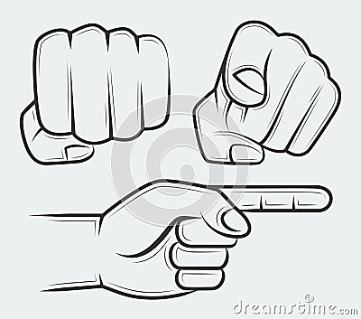 Punching fist, hand with index finger pointing at the viewer and side view pointing hand Vector Illustration