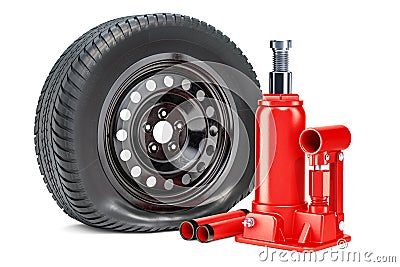 Puncture car wheel with hydraulic bottle jack, 3D rendering Stock Photo