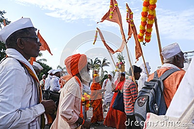 Pune, India 14 July 2023, Procession of Varkari-Hindu Pilgrims, The Varkari worship of Vithoba an Avatar of Vishnu at Dive Ghat, Editorial Stock Photo